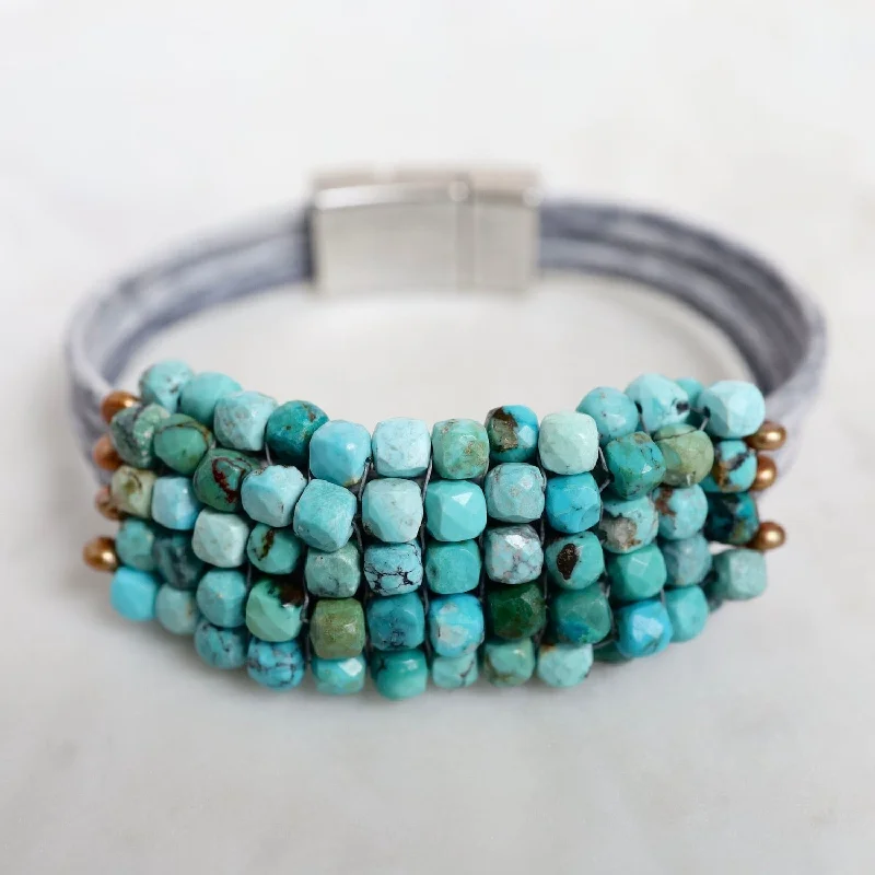 Hand Stitched Large Turquoise Cubes with Copper Pearl Trim on Multi Driftwood Leather Bracelet