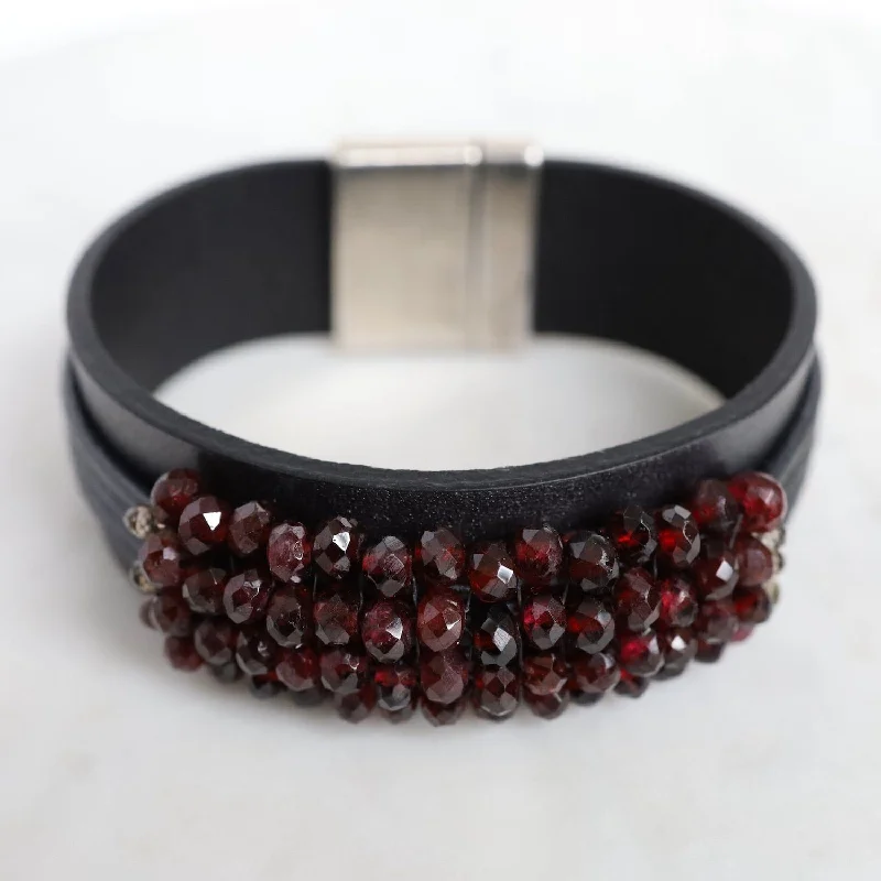 Hand Stitched Faceted Garnet with Spinel Trim on Multi Graphite Leather Bracelet