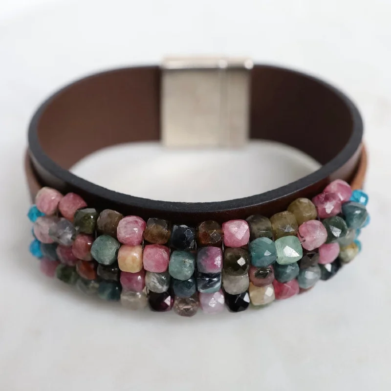 Hand Stitched Tourmaline Cubes with Apatite Trim on Chocolate Leather Bracelet