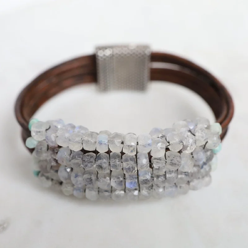 Hand Stitched Moonstone with Peruvian Opal Trim on Leather Bracelet