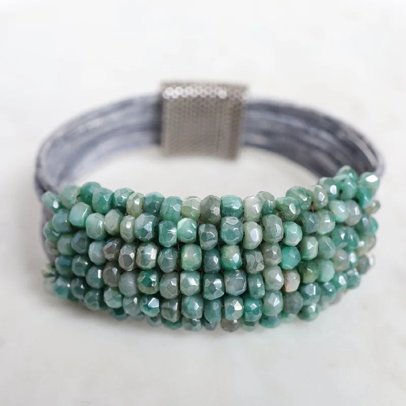 Hand Stitched Coated Green Moonstone on Driftwood Leather Bracelet