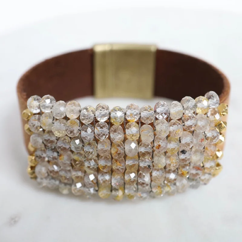 Hand Stitched Rutilated Quartz with Large Vermeil Trim on Mocha Leather Bracelet