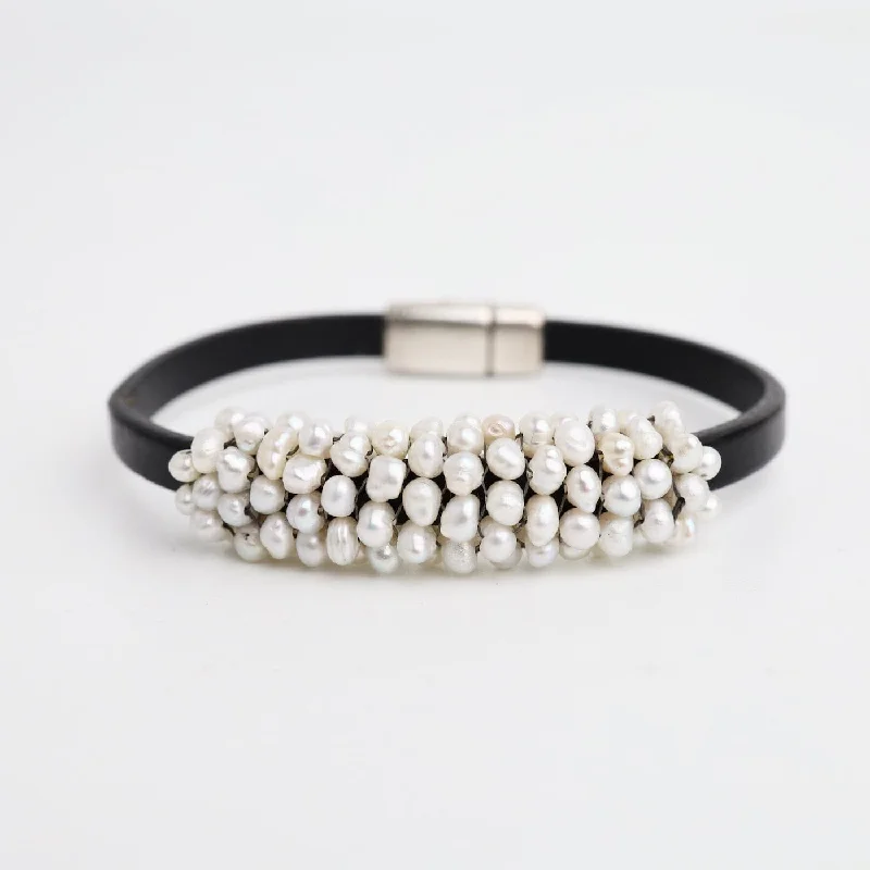 Hand Stitched Fresh Water Pearls On Flat Leather Bracelet