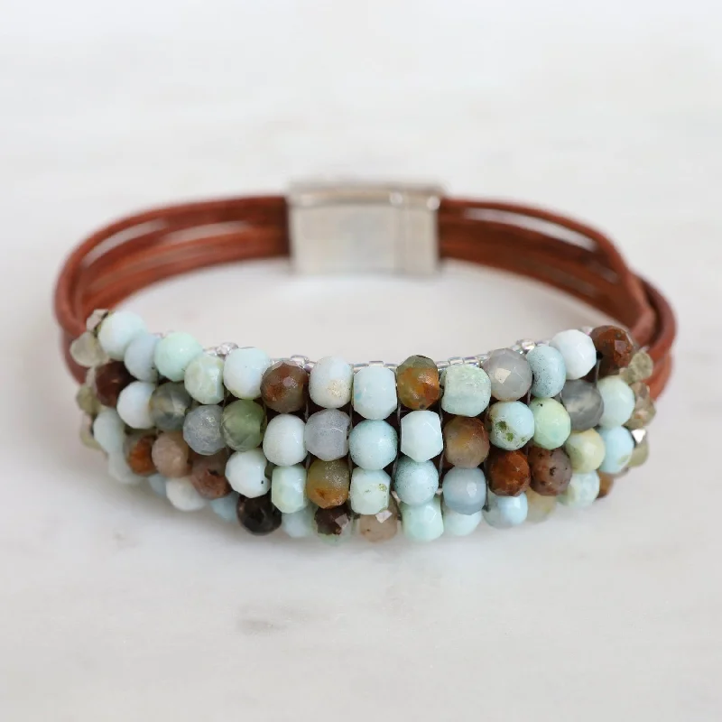 Hand Stitched Green Opal Leather Cuff Bracelet