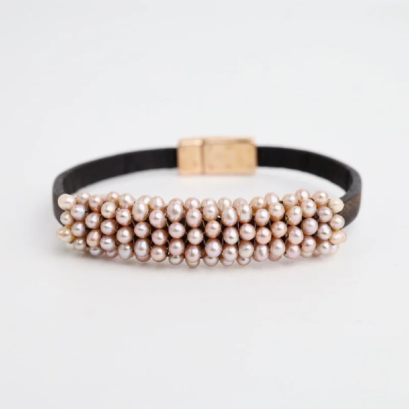 Hand Stitched Pink Pearls On Vintage Black Leather Bracelet