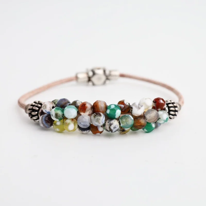 Hand Stitched Multi-Color Treated Quartz on Vintage Natural Leather Bracelet