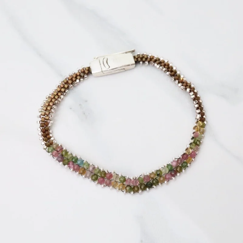 Hand Woven Soft Bracelet of Tourmaline with Tiny Pearls