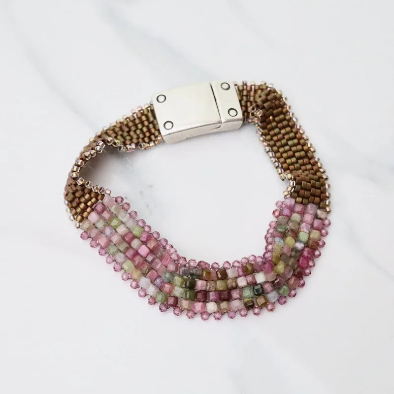 Hand Woven Soft Bracelet of Tourmaline Cubes with Pink Garnets