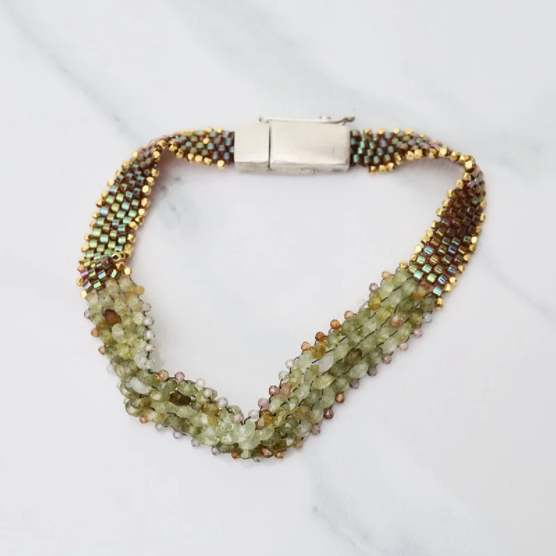 Hand Woven Soft Bracelet of Green Garnet with Tiny Grey Sapphires