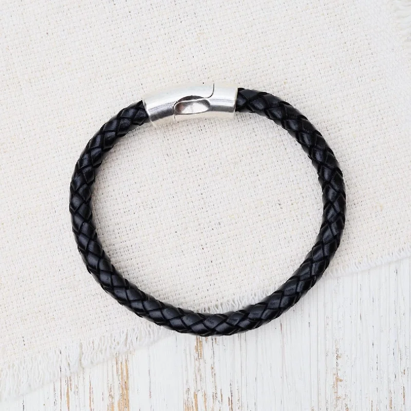 Pegasus Black Braided Leather Bracelet