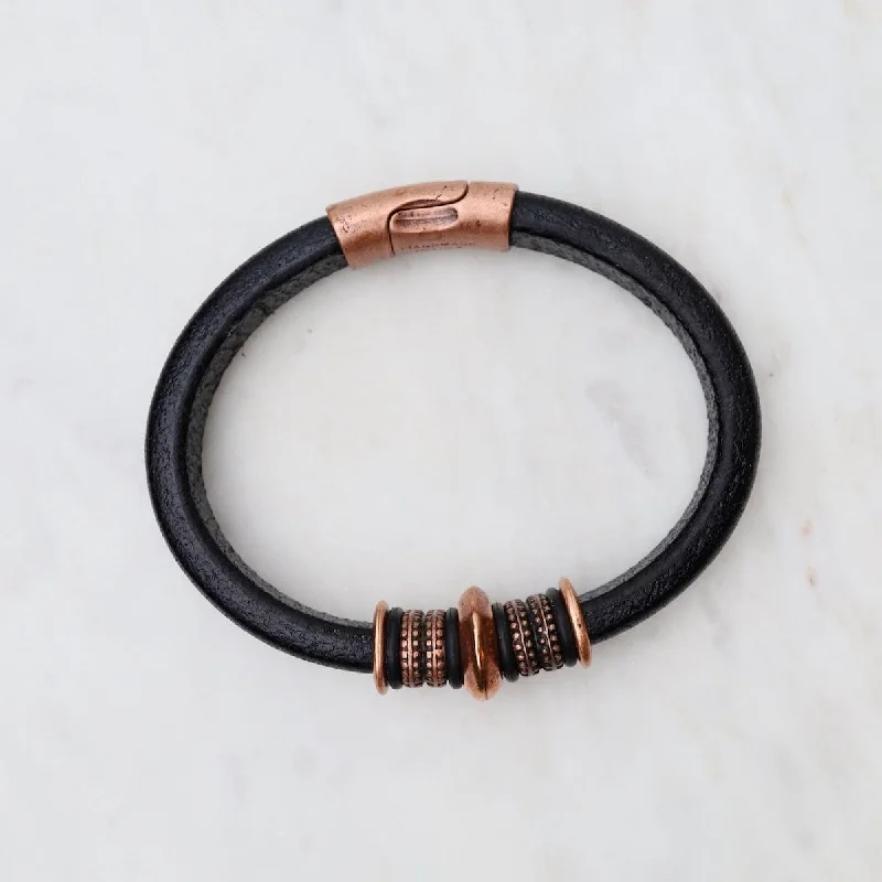 Copper Mars Black Leather Bracelet