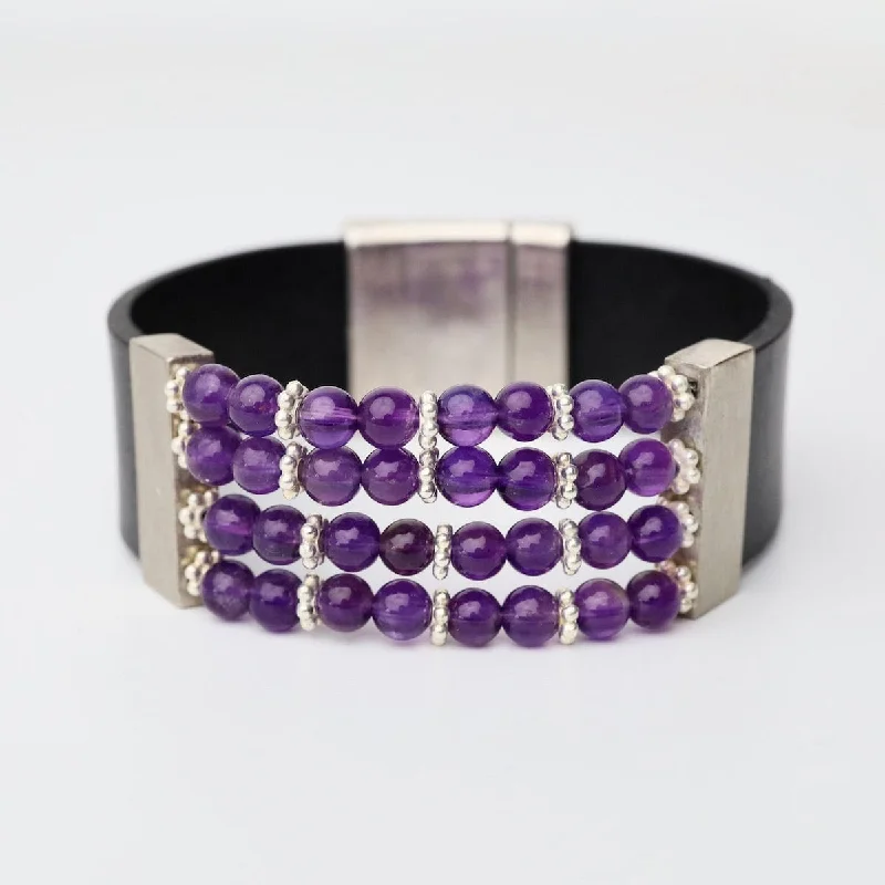 Amethyst Black Leather Bracelet