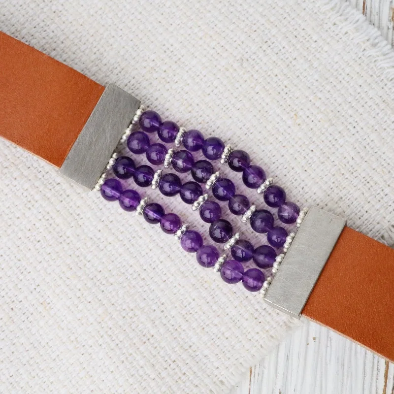 Amethyst Brown Leather Bracelet