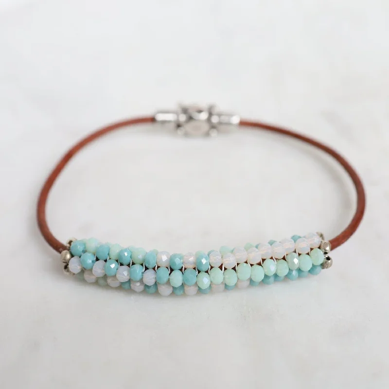 Hand Stitched Mixed Crystals in Aqua, Mint & Pale Pink on Brown Leather Bracelet