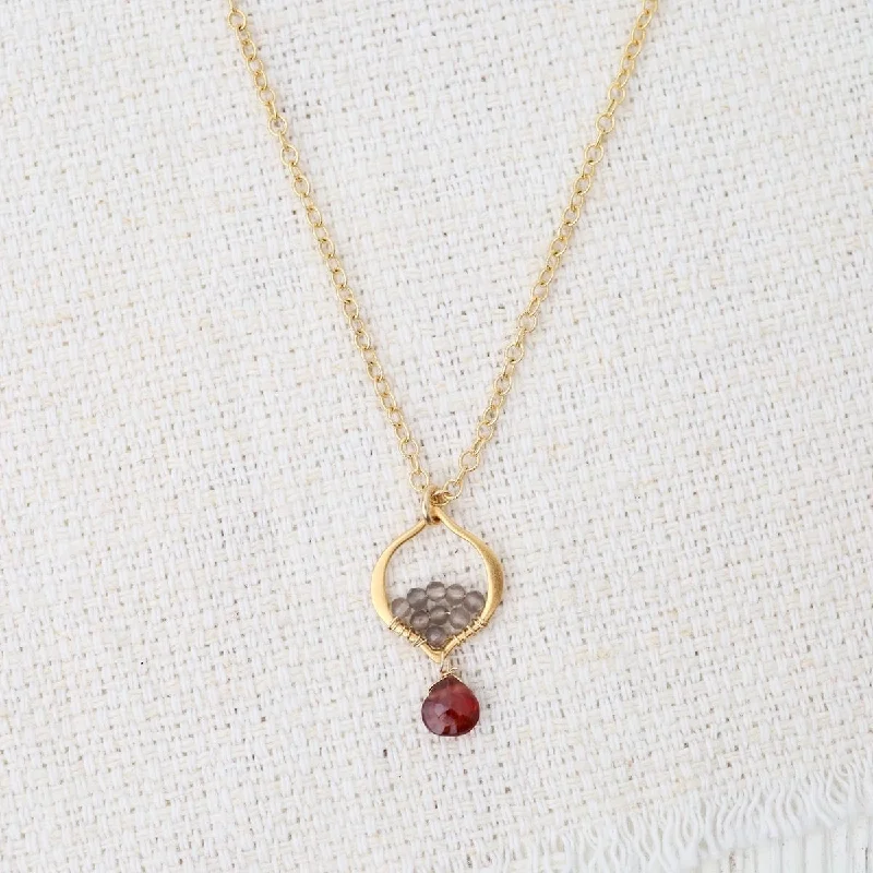 Tiny Arabesque Necklace with Garnet and Gray Moonstone