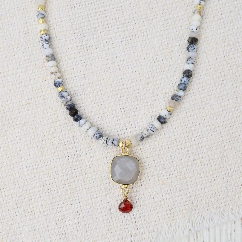 Dendritic Opal with Bezel Set Square Gray Moonstone Necklace