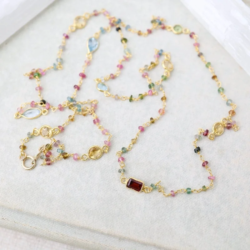 Long Multi Tourmaline Bead Necklace with Bezel Stations