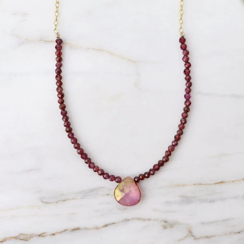 Garnet Arc & Mystic Pink Topaz Briolette Drop Necklace