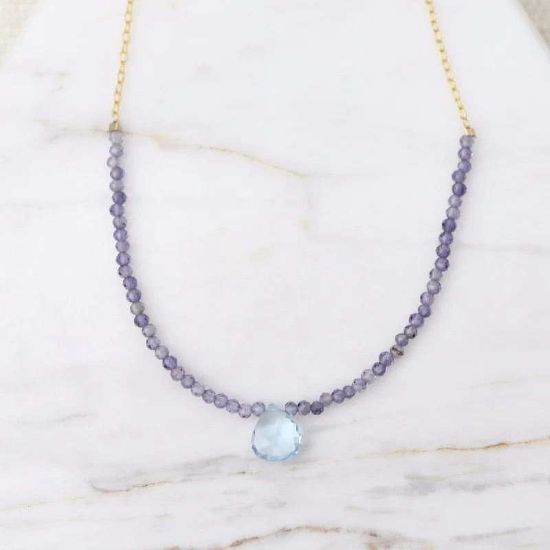 Iolite Arc & Blue Topaz Briolette Drop Necklace