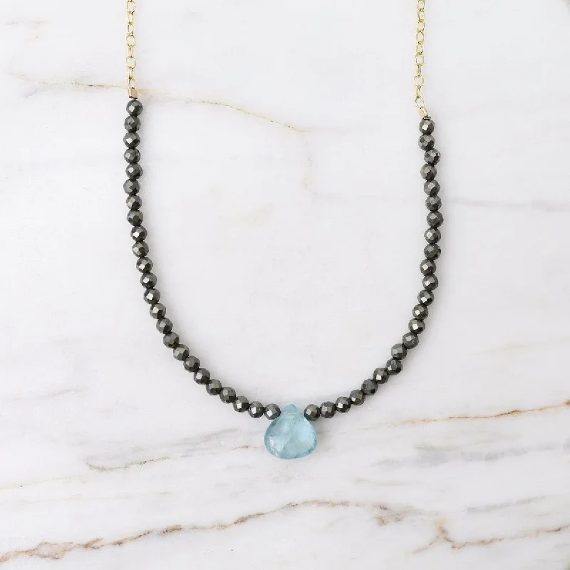 Pyrite Arc & Blue Topaz Briolette Drop Necklace