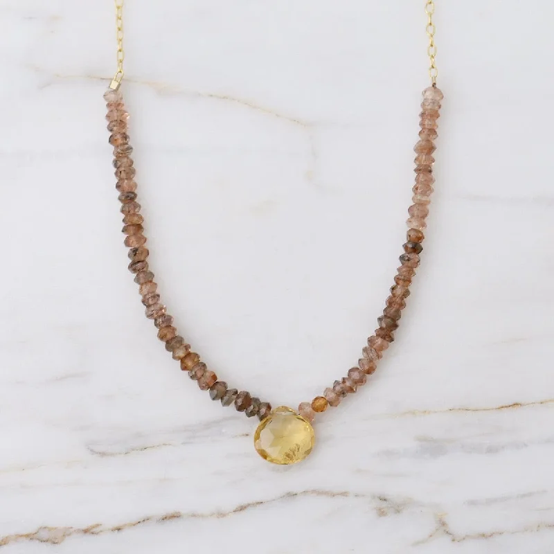 Rutilated Quartz Arc & Citrine Briolette Drop Necklace