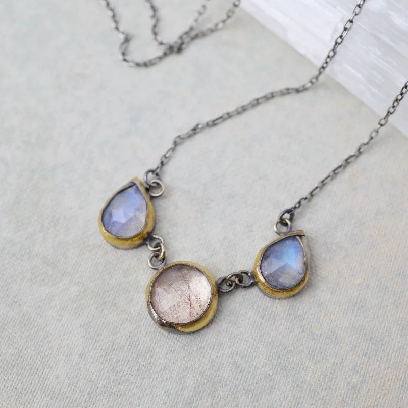 Rainbow Moonstone & Rutilated Quartz 3 Crescent Rim Necklace